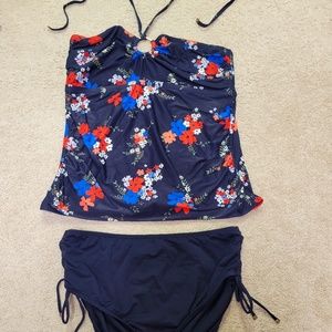 Michael Kors Navy Blue Printed Halter Tankini, Size 18W